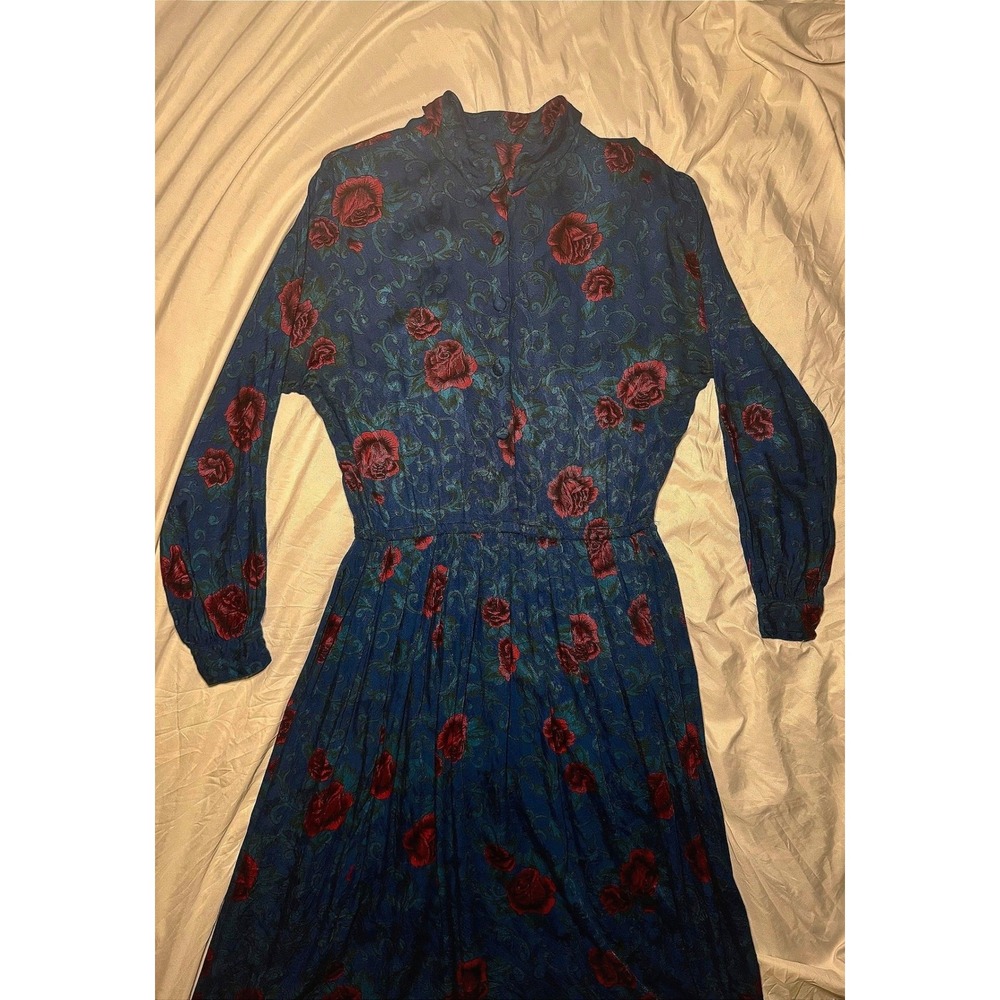 Vintage J.G. Hook Floral Midi Dress Womens 14 Blue Rose Print Rayon Long Sleeve